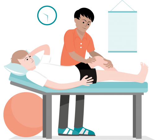 Patient lying down on bench examined by therapist, Illustration